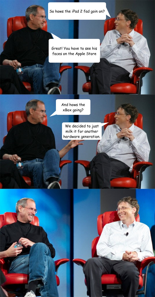 Great! You have to see his faces on the Apple Store And hows the xBox going? We decided to just milk it for another hardware generation. So hows the iPad 2 fad goin on?  Steve Jobs vs Bill Gates