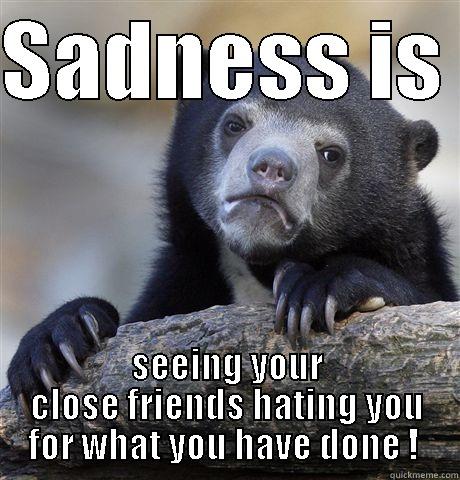 SADNESS IS  SEEING YOUR CLOSE FRIENDS HATING YOU FOR WHAT YOU HAVE DONE !  Confession Bear