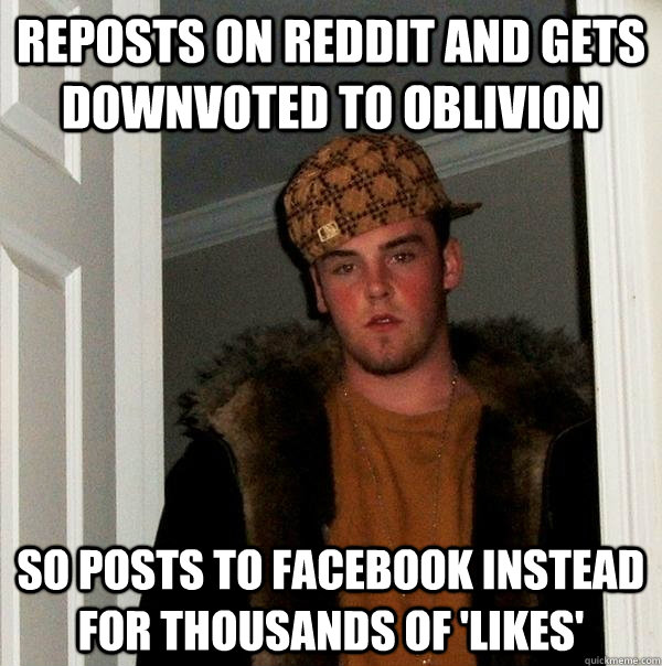 Reposts on reddit and gets downvoted to oblivion so posts to facebook instead for thousands of 'likes' - Reposts on reddit and gets downvoted to oblivion so posts to facebook instead for thousands of 'likes'  Scumbag Steve