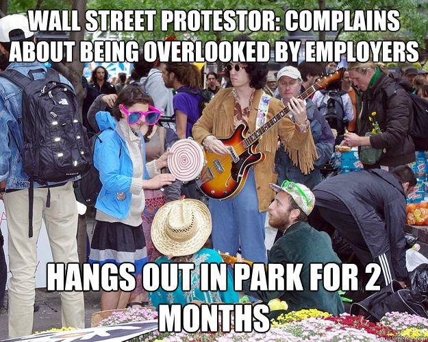 wall street protestor: complains about being overlooked by employers Hangs out in park for 2 months  