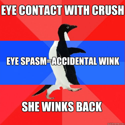 Eye Contact with crush She Winks back Eye spasm=Accidental Wink  Socially Confused Penguin