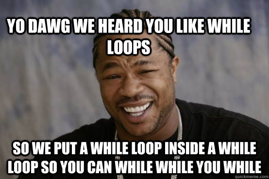 YO DAWG WE HEARD YOU LIKE while loops SO WE PUT a while loop inside a while loop so you can while while you while  YO DAWG