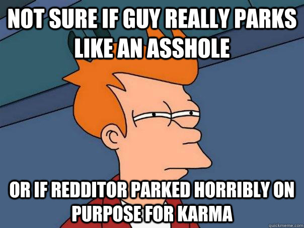 Not sure if guy really parks like an asshole Or if redditor parked horribly on purpose for karma  Futurama Fry