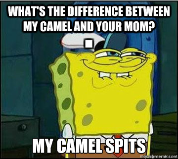 what's the difference between my camel and your mom? My camel spits  Spongebob