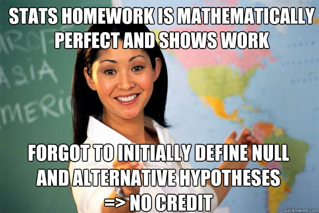 Stats homework is mathematically perfect and shows work forgot to initially define null and alternative hypotheses 
=> No credit  Unhelpful High School Teacher