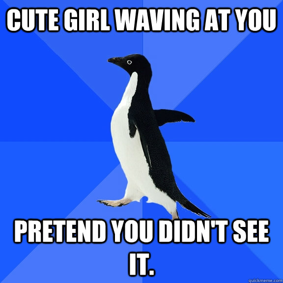 Cute girl waving at you pretend you didn't see it.  Socially Awkward Penguin