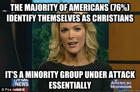 The majority of Americans (76%) identify themselves as Christians It's a minority group under attack Essentially - The majority of Americans (76%) identify themselves as Christians It's a minority group under attack Essentially  Megyn Kelly