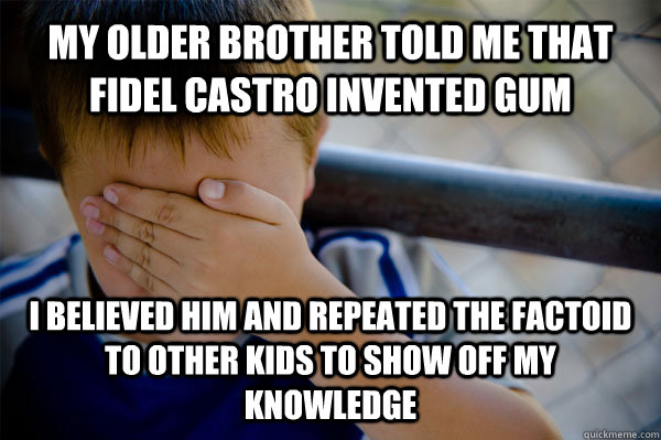 MY OLDER BROTHER TOLD ME THAT FIDEL CASTRO INVENTED GUM I BELIEVED HIM AND REPEATED THE FACTOID TO OTHER KIDS TO SHOW OFF MY KNOWLEDGE   Confession kid