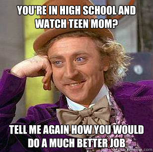 You're in high school and watch Teen Mom? Tell me again how you would do a much better job - You're in high school and watch Teen Mom? Tell me again how you would do a much better job  Condescending Wonka