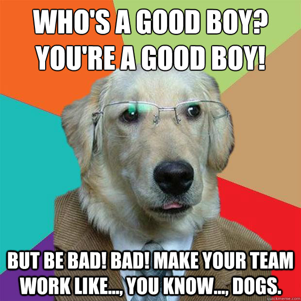 who's a good boy?
you're a good boy! but be bad! bad! make your team work like..., you know..., dogs.  Business Dog