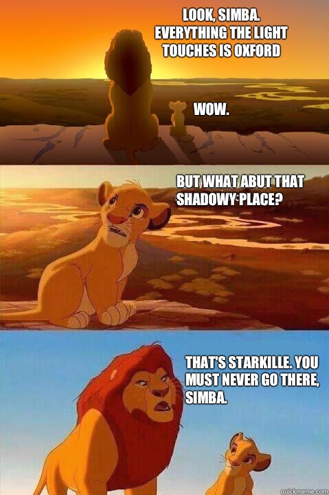 Look, Simba. Everything the light touches is Oxford Wow. That's Starkille. You must never go there, Simba.  But what abut that shadowy place?  Lion King Shadowy Place