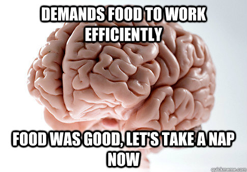 demands food to work efficiently food was good, let's take a nap now  Scumbag Brain