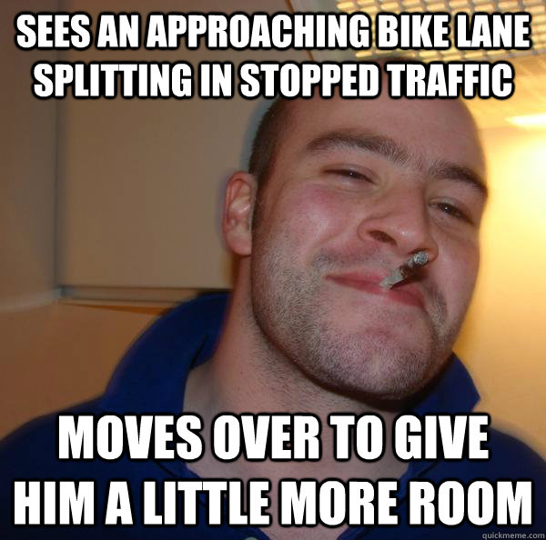 sees an approaching bike lane splitting in stopped traffic moves over to give him a little more room - sees an approaching bike lane splitting in stopped traffic moves over to give him a little more room  Misc