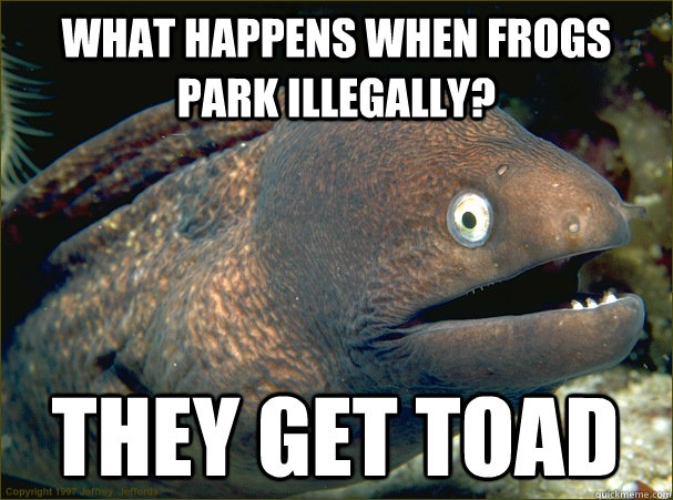 What happens when frogs park illegally? They get toad  Bad Joke Eel