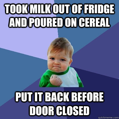 took milk out of fridge and poured on cereal put it back before door closed - took milk out of fridge and poured on cereal put it back before door closed  Success Kid