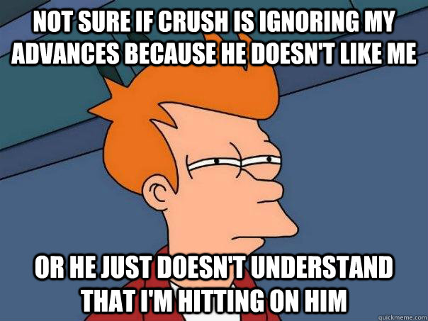 Not sure if crush is ignoring my advances because he doesn't like me Or he just doesn't understand that I'm hitting on him - Not sure if crush is ignoring my advances because he doesn't like me Or he just doesn't understand that I'm hitting on him  Futurama Fry