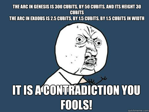 The Arc in Genesis is 300 cubits, by 50 cubits, and its height 30 cubits
The Arc in Exodus is 2.5 cubits, by 1.5 cubits, by 1.5 cubits in width
 IT IS A CONTRADICTION YOU FOOLS!  Y U No