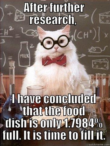 AFTER FURTHER RESEARCH,  I HAVE CONCLUDED THAT THE FOOD DISH IS ONLY 1.7984% FULL. IT IS TIME TO FILL IT. Chemistry Cat