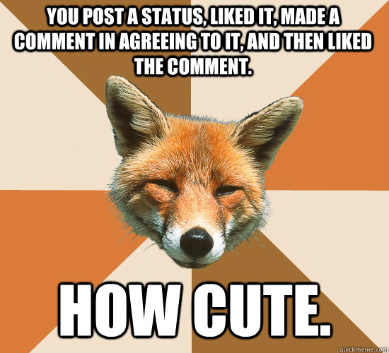 You post a status, liked it, made a comment in agreeing to it, and then liked the comment.   How cute.  Condescending Fox