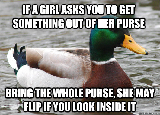 If a girl asks you to get something out of her purse Bring the whole purse, she may flip if you look inside it - If a girl asks you to get something out of her purse Bring the whole purse, she may flip if you look inside it  Actual Advice Mallard