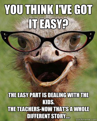 You think I've got it easy? The Easy part is dealing with the kids. 
The teachers-now that's a whole different story....  Judgmental Bookseller Ostrich