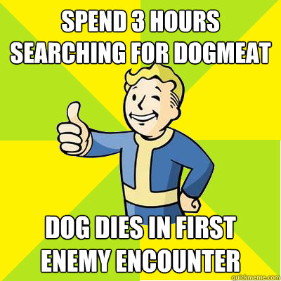 spend 3 hours searching for dogmeat dog dies in first enemy encounter  Fallout new vegas