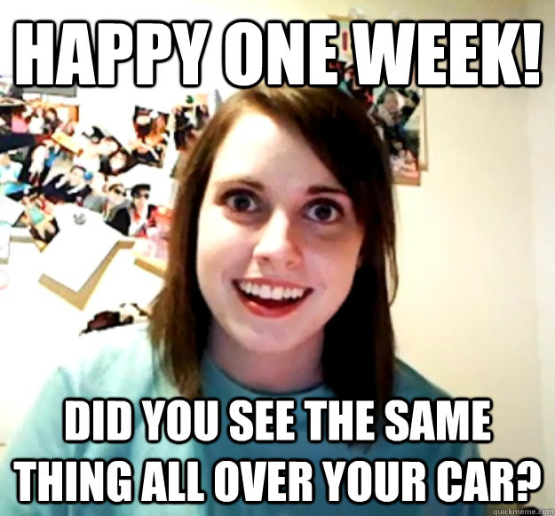 Happy one week! Did you see the same thing all over your car?  Overly Attached Girlfriend