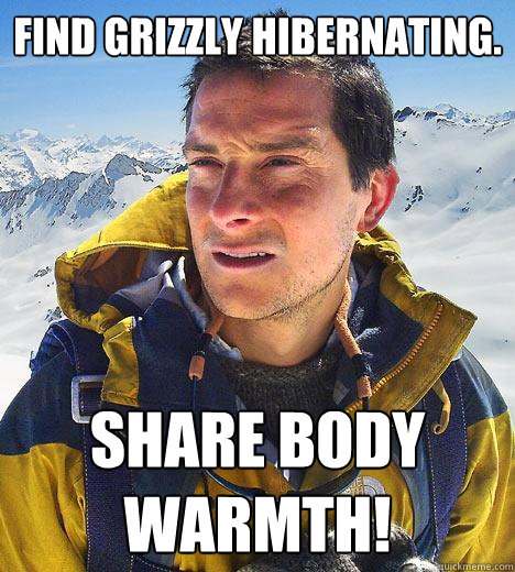 Find Grizzly hibernating.  Share body warmth!  Bear Grylls