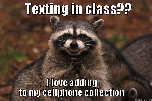 Texting Racoon -           TEXTING IN CLASS??         I LOVE ADDING                TO MY CELLPHONE COLLECTION                Evil Plotting Raccoon