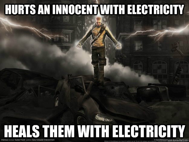 Hurts an innocent with electricity Heals them with electricity - Hurts an innocent with electricity Heals them with electricity  Misc