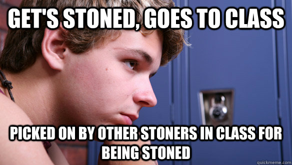 Get's stoned, goes to class Picked on by other stoners in class for being stoned  