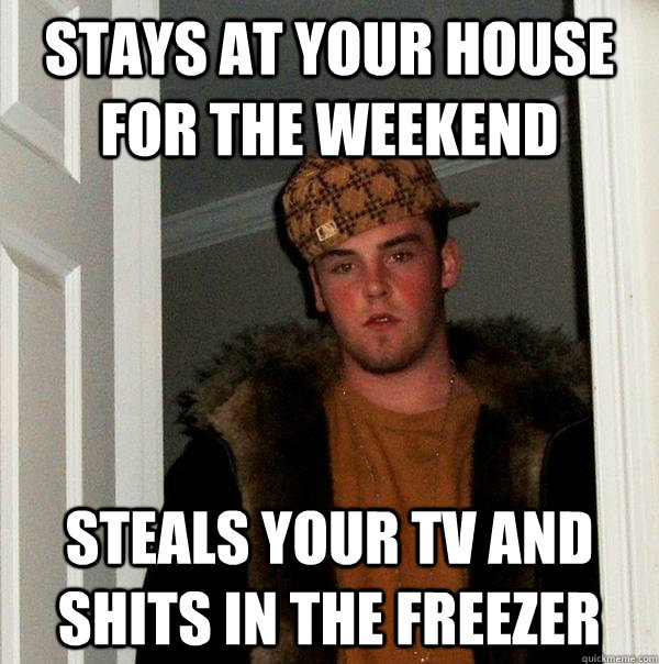 Stays at your house for the weekend Steals your TV and shits in the freezer  Scumbag Steve