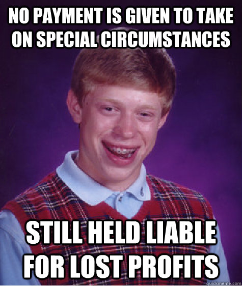 No payment is given to take on special circumstances still held liable for lost profits   Bad Luck Brian