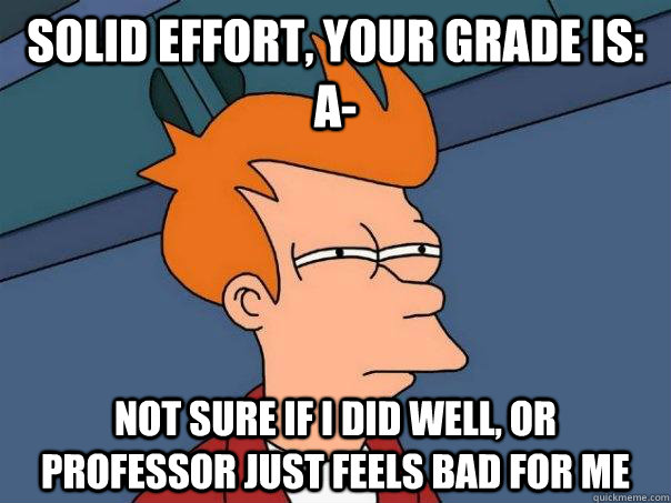 Solid effort, your grade is: A- Not sure if I did well, or professor just feels bad for me  Futurama Fry