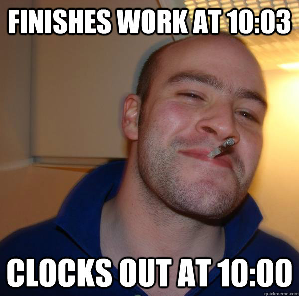 Finishes work at 10:03 Clocks out at 10:00 - Finishes work at 10:03 Clocks out at 10:00  Misc