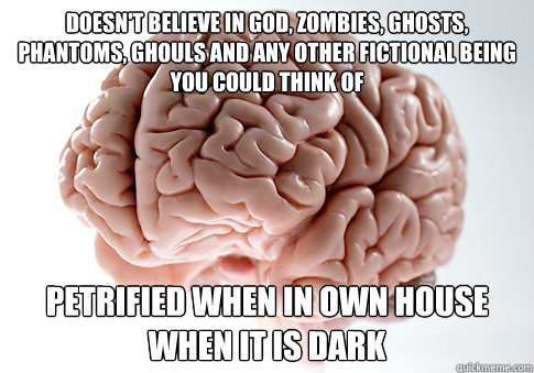 Doesn't believe in god, zombies, ghosts, phantoms, ghouls and any other fictional being you could think of Petrified when in own house when it is dark  Scumbag Brain