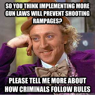 So you think implementing more gun laws will prevent shooting rampages? Please tell me more about how criminals follow rules  Condescending Wonka