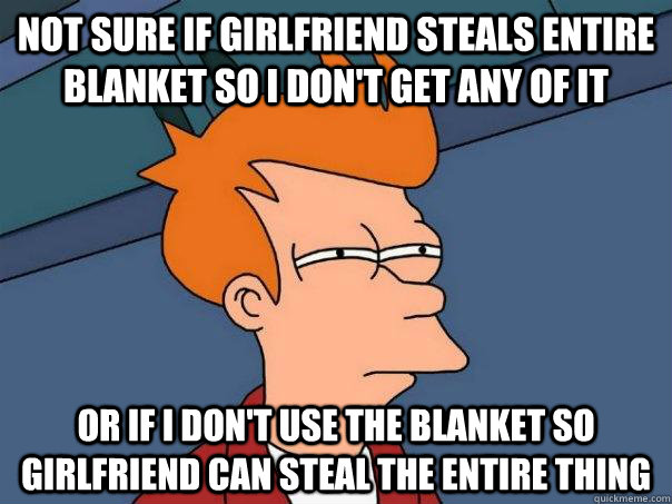 Not sure if girlfriend steals entire blanket so I don't get any of it Or if I don't use the blanket so girlfriend can steal the entire thing  Futurama Fry