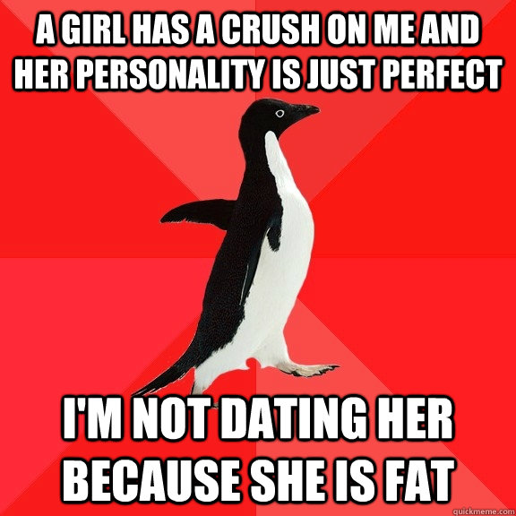 A girl has a crush on me and her personality is just perfect I'm not dating her because she is fat  Socially Awesome Penguin