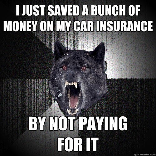 I just saved a bunch of money on my car insurance by not paying
for it - I just saved a bunch of money on my car insurance by not paying
for it  Insanity Wolf