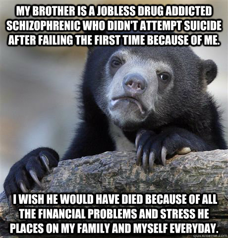 my brother is a jobless drug addicted schizophrenic who didn't attempt suicide after failing the first time because of me.  I wish he would have died because of all the financial problems and stress he places on my family and myself everyday.  Confession Bear