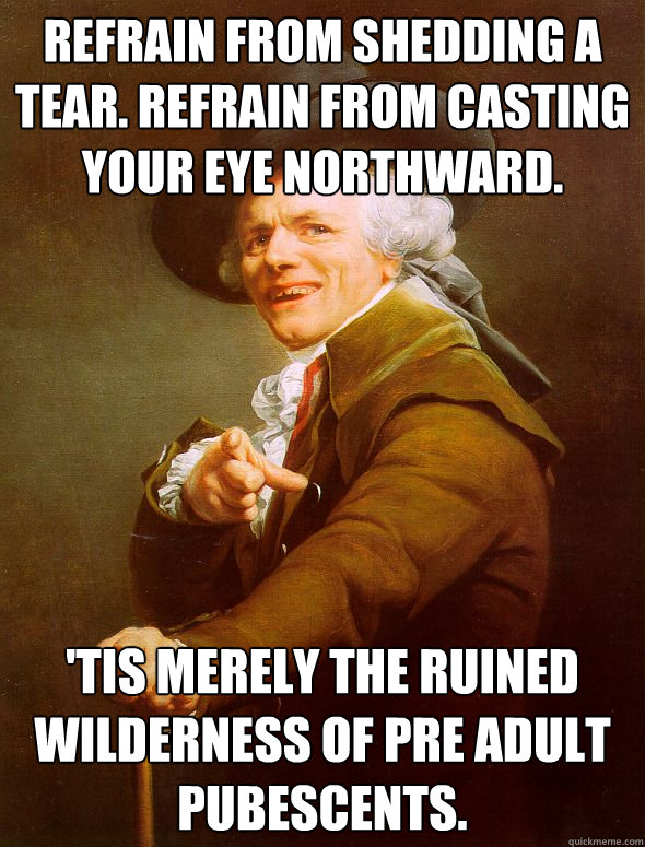 Refrain from shedding a tear. Refrain from casting your eye northward. 'Tis merely the ruined wilderness of pre adult pubescents.  Joseph Ducreux