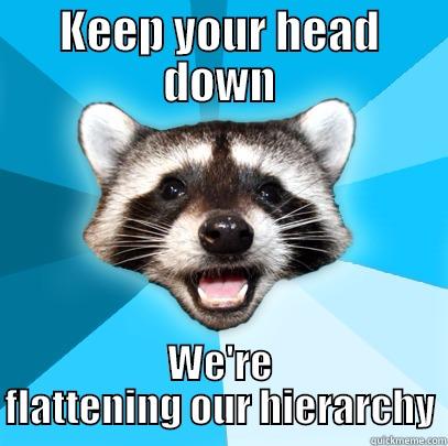 flat hierarchy - KEEP YOUR HEAD DOWN WE'RE FLATTENING OUR HIERARCHY Lame Pun Coon