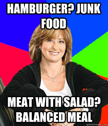 hamburger? junk food meat with salad? Balanced meal - hamburger? junk food meat with salad? Balanced meal  Sheltering Suburban Mom