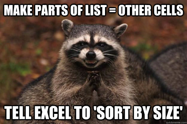 Make parts of list = other cells Tell Excel to 'Sort by size'  Evil Plotting Raccoon