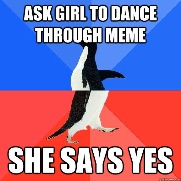 Ask girl to dance through meme she says yes   Socially Awkward Awesome Penguin