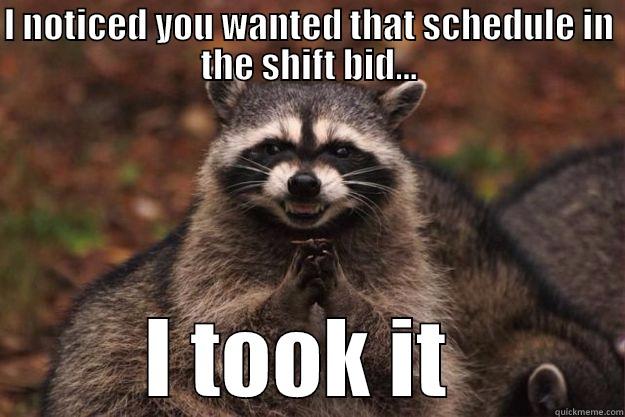 Shift Bid - I NOTICED YOU WANTED THAT SCHEDULE IN THE SHIFT BID... I TOOK IT  Evil Plotting Raccoon