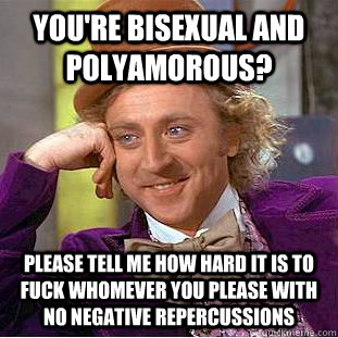 you're bisexual and polyamorous? please tell me how hard it is to fuck whomever you please with no negative repercussions  Condescending Wonka