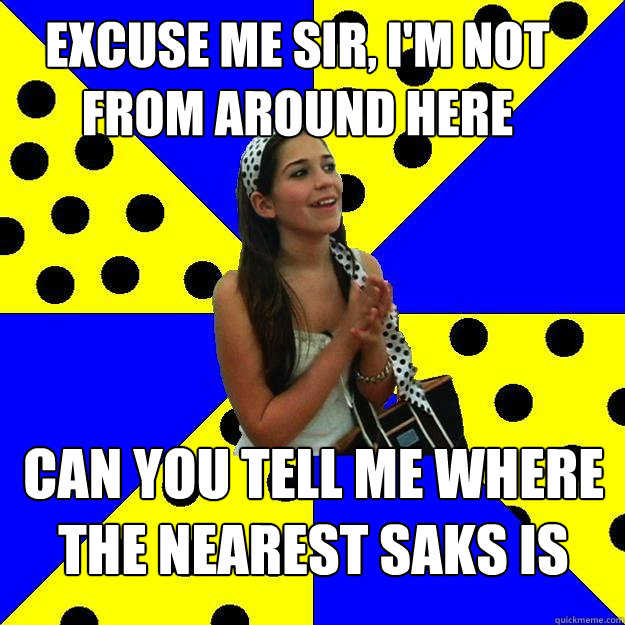 excuse me sir, i'm not from around here can you tell me where the nearest Saks is  - excuse me sir, i'm not from around here can you tell me where the nearest Saks is   Sheltered Suburban Kid