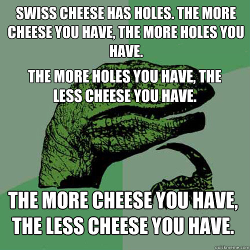 Swiss cheese has holes. The more cheese you have, the more holes you have. The more holes you have, the less cheese you have. The more cheese you have, the less cheese you have.  Philosoraptor